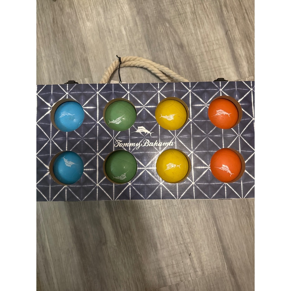 Tommy Bahama Bocce 8 Ball Set Wooden Case Rope Handle Built-in Bottle Opener